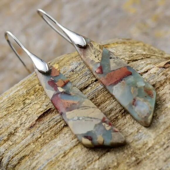 Silver Stained Glass Style Drop Earrings Dangle Gemstone Retro Boho Colorful New - Picture 2 of 5